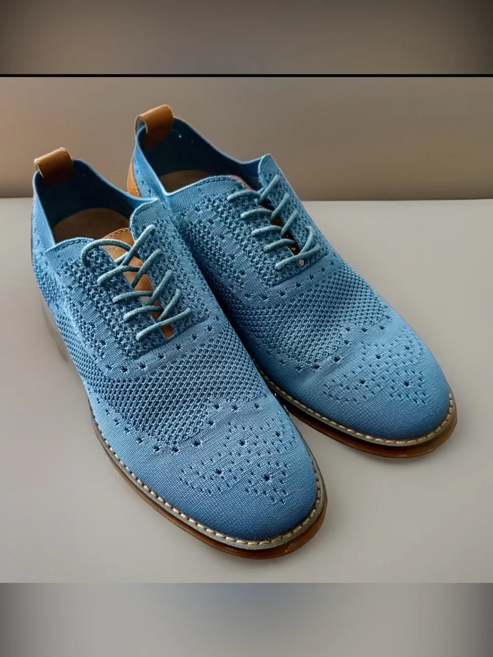 Moretti Gold Label Ashland II Light Blue Knit Leather Wingtip Oxfords 7.5D NWT